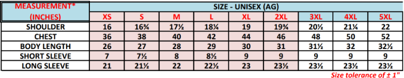 Collar T-shirt size chart: shoulder, chest, body length and sleeve measurements in inches for sizes XS to 5XL